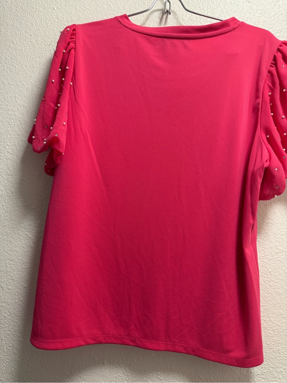 Karl Lagerfeld Shirt women size L Bright Pink Pearl-Studded Puff Sleeve Top - Picture 7 of 8